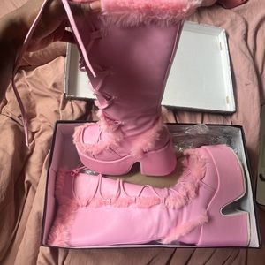 Pink Knee High Lace Up Platform Demonias. Worn Once